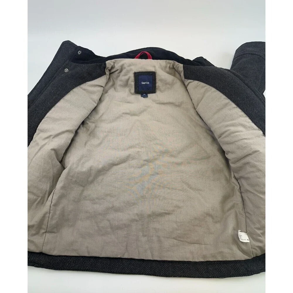 Gap Kids Boys Gray Herringbone Coat Zip Wool Blend Snap Mock Neck Kids Small 6-7